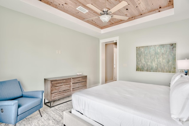 bedroom with a tray ceiling, ceiling fan, and wooden ceiling