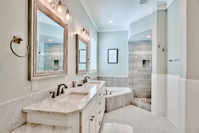 bathroom with vanity, ornamental molding, and plus walk in shower