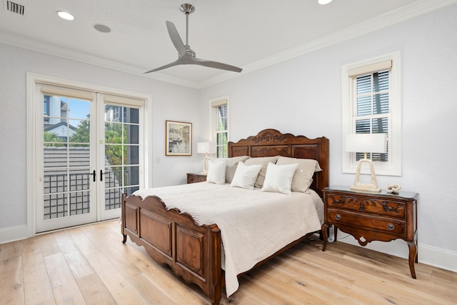 bedroom featuring french doors, light wood-type flooring, access to outside, ceiling fan, and crown molding