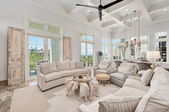 living room with french doors, a towering ceiling, and plenty of natural light