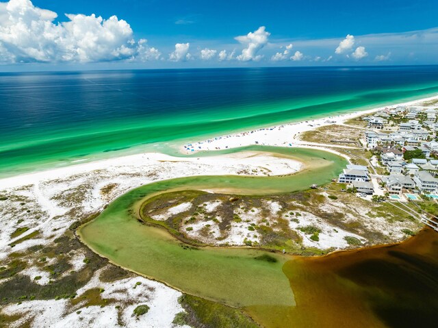 bird's eye view with a water view and a beach view