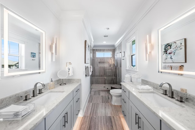 bathroom featuring vanity, tiled shower, and a healthy amount of sunlight