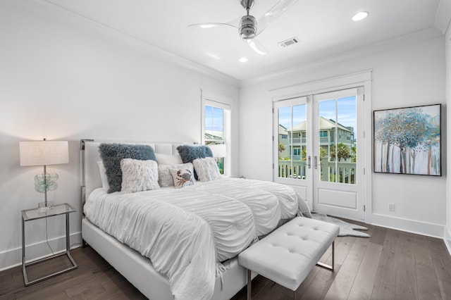 bedroom with ceiling fan, ornamental molding, dark hardwood / wood-style flooring, and multiple windows