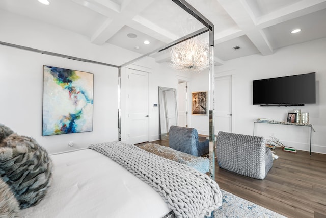 bedroom featuring dark hardwood / wood-style flooring, beam ceiling, and coffered ceiling