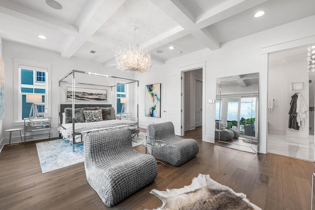 bedroom with coffered ceiling, access to exterior, beam ceiling, and dark hardwood / wood-style flooring