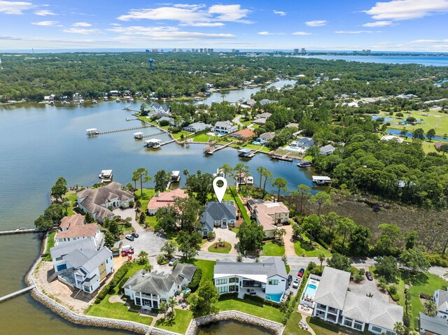 drone / aerial view with a water view