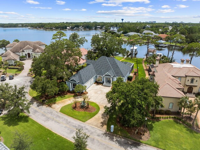 aerial view featuring a water view