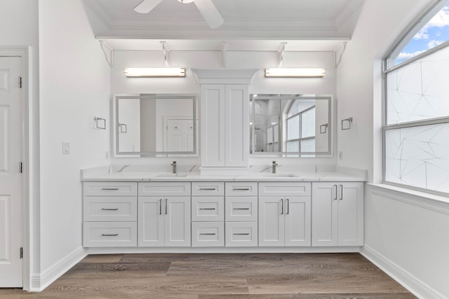 bathroom featuring a wealth of natural light, crown molding, hardwood / wood-style floors, and vanity