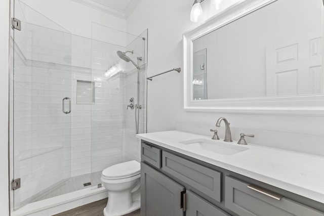 1780 Driftwood Point Rd, Santa Rosa Beach, FL 32459 - full bath with vanity, a shower stall, toilet, and ornamental molding