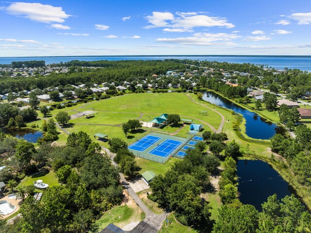 bird's eye view with a water view