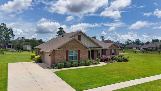 craftsman-style home with a garage and a front lawn