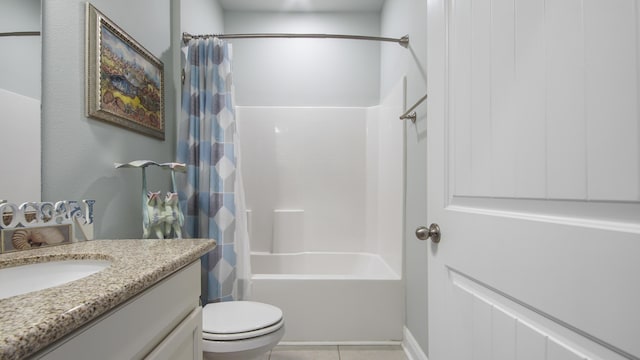 full bathroom with vanity, shower / bathtub combination with curtain, and toilet