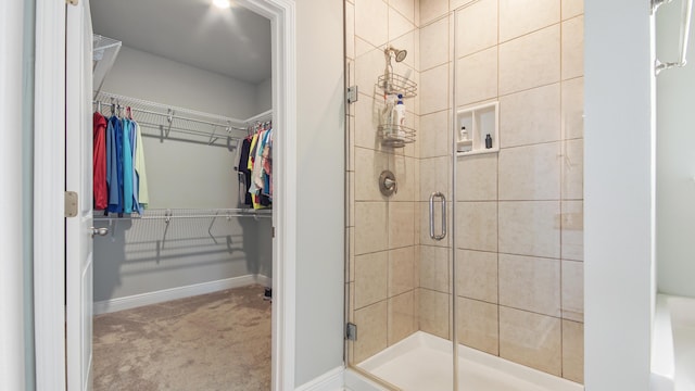 bathroom featuring a shower with shower door