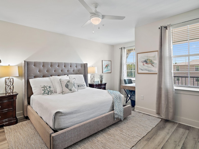 bedroom featuring ceiling fan and light wood-type flooring