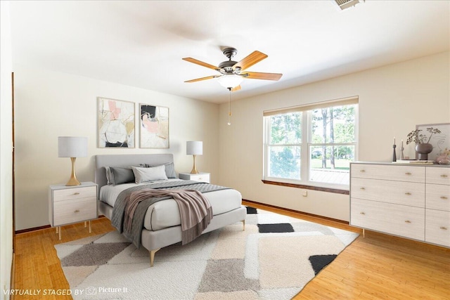 bedroom with ceiling fan and light wood-type flooring