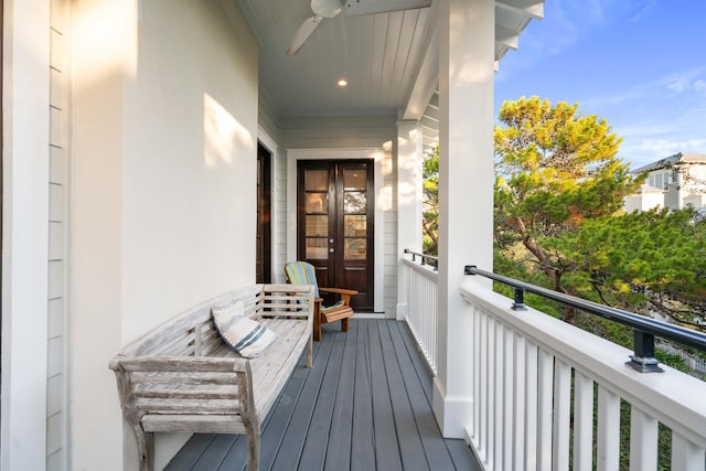 balcony with french doors and ceiling fan