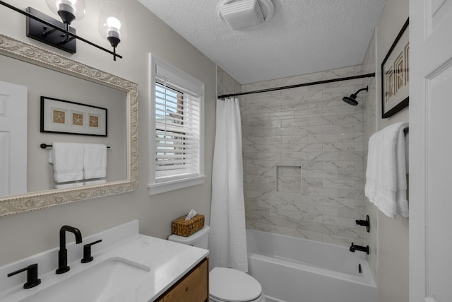 full bathroom featuring vanity, shower / bathtub combination with curtain, a textured ceiling, and toilet