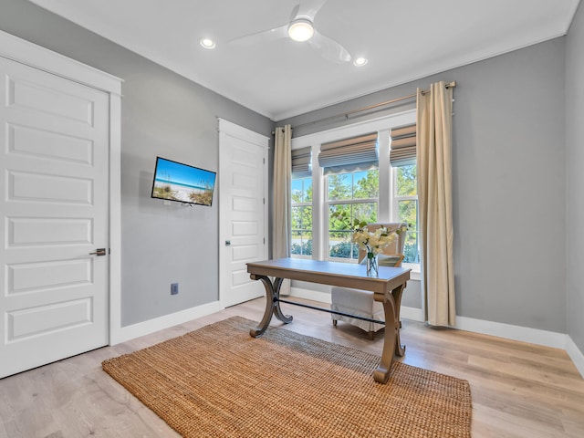 61 Sweet Breeze Dr, Santa Rosa Beach, FL 32459 - home office with baseboards, ceiling fan, light wood-style floors, and recessed lighting