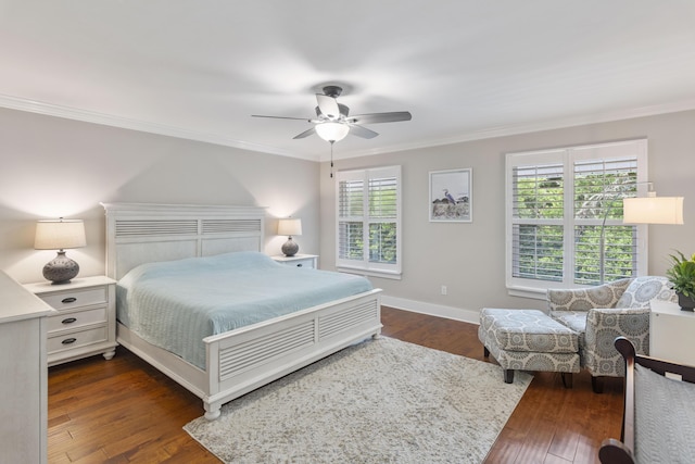 bedroom featuring multiple windows, crown molding, ceiling fan, and dark hardwood / wood-style flooring