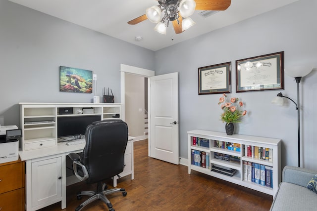 home office with ceiling fan and dark hardwood / wood-style floors