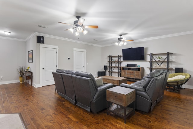 living room with ceiling fan, ornamental molding, and dark hardwood / wood-style flooring