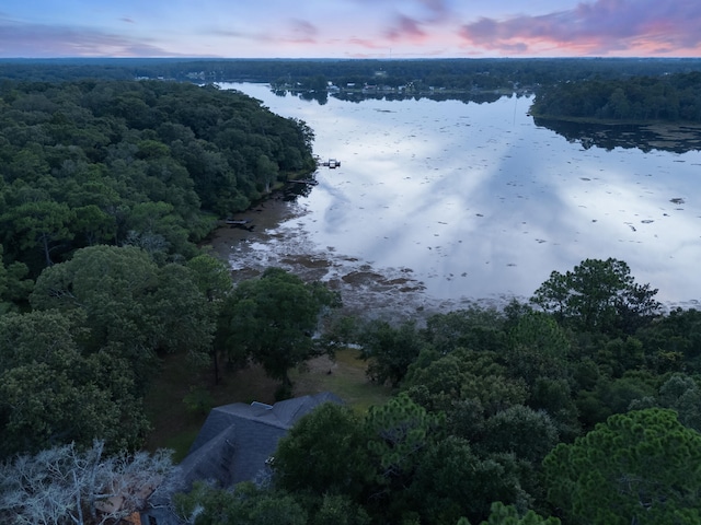 aerial view at dusk featuring a water view