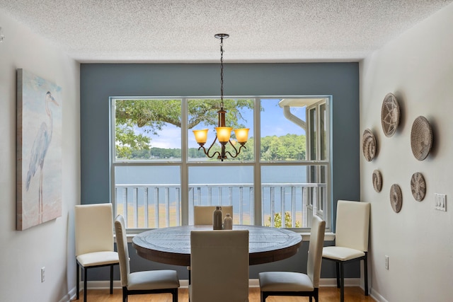 dining room featuring an inviting chandelier, a textured ceiling, and wood-type flooring