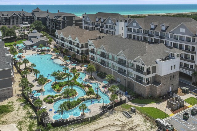 bird's eye view with a water view