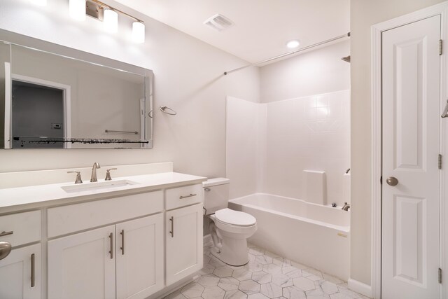 full bathroom with bathing tub / shower combination, vanity, toilet, and tile patterned floors