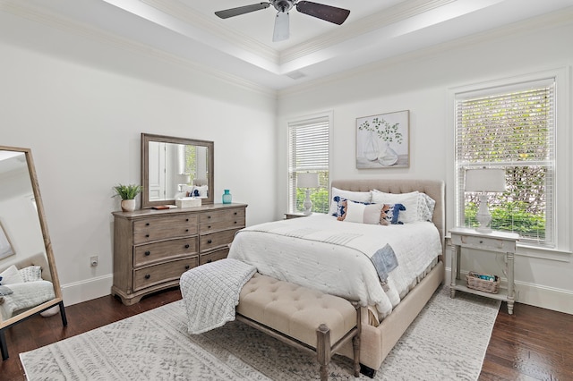 bedroom with multiple windows, a raised ceiling, and dark wood finished floors