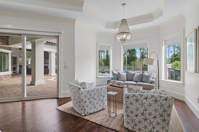 interior space featuring ornate columns, crown molding, a raised ceiling, and dark wood-style flooring