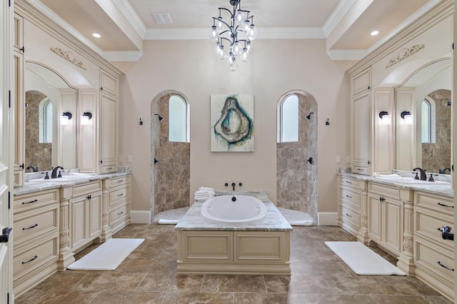 bathroom with crown molding, vanity, a chandelier, and plus walk in shower