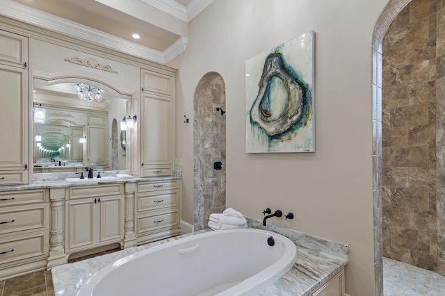 full bathroom with tiled shower, a garden tub, vanity, and crown molding