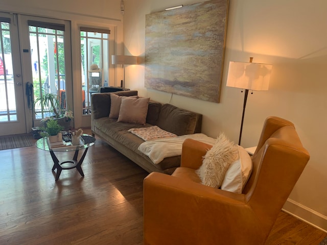 living room with french doors and dark wood-type flooring