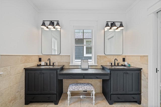 bathroom with tile patterned flooring, tile walls, and ornamental molding