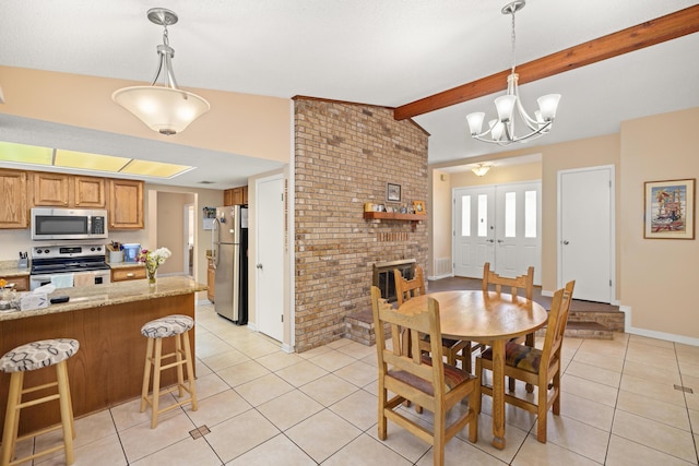 dining area featuring baseboards, vaulted ceiling with beams, french doors, a notable chandelier, and light tile patterned flooring