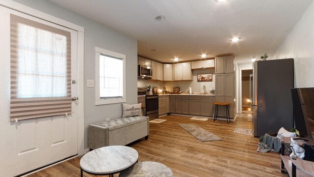 kitchen featuring sink, stainless steel appliances, light hardwood / wood-style floors, and gray cabinetry