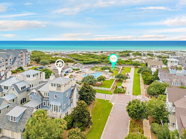 aerial view with a residential view and a water view