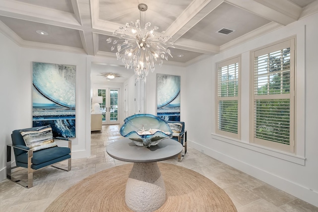 living area with visible vents, french doors, coffered ceiling, and baseboards