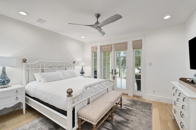 bedroom with recessed lighting, light wood-style flooring, a ceiling fan, and access to outside