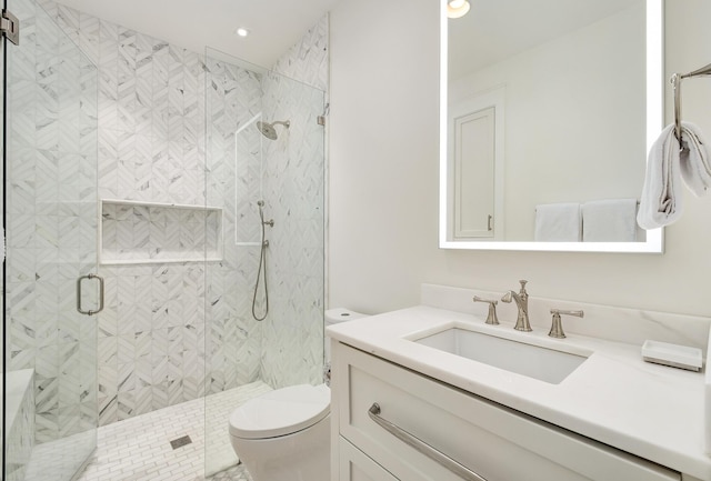 full bath featuring recessed lighting, vanity, toilet, and a shower stall