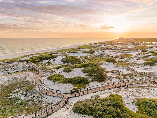 drone / aerial view with a beach view and a water view