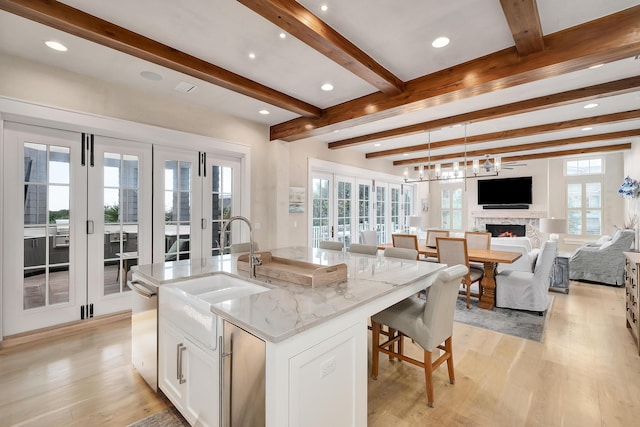 kitchen featuring a healthy amount of sunlight, light wood-type flooring, a lit fireplace, and a sink