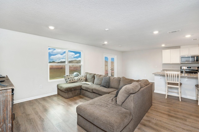 living room featuring a healthy amount of sunlight, a textured ceiling, and hardwood / wood-style floors