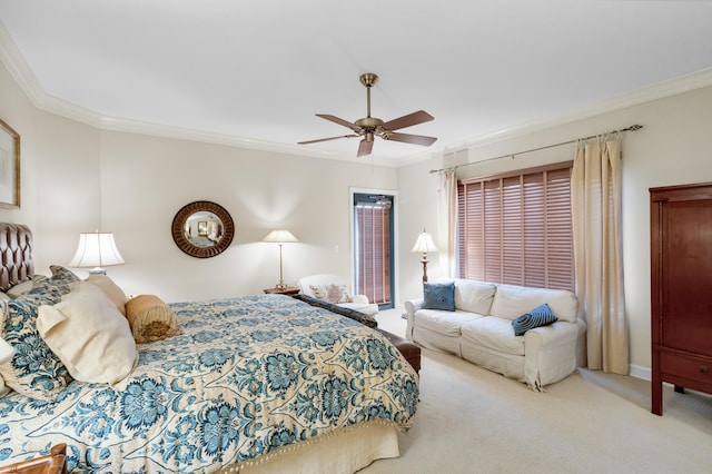 bedroom with light carpet, ornamental molding, and ceiling fan