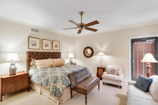 bedroom featuring crown molding, light carpet, and ceiling fan