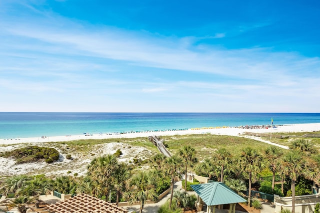 property view of water featuring a beach view