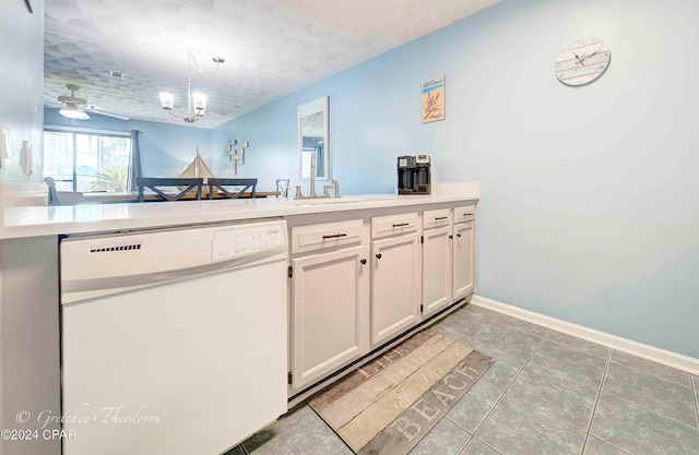 kitchen featuring white cabinetry, ceiling fan, tile patterned flooring, dishwasher, and kitchen peninsula