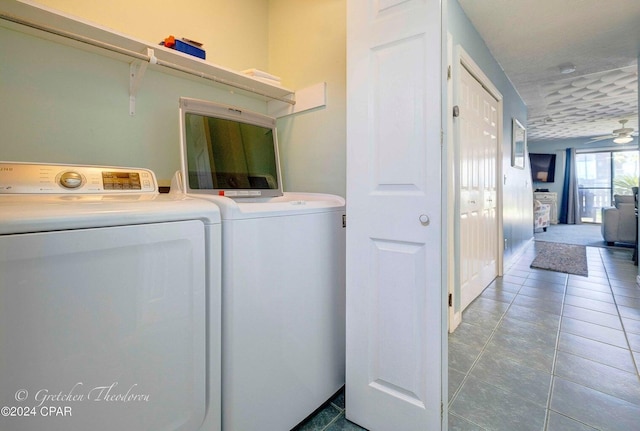 washroom featuring separate washer and dryer, tile patterned floors, and ceiling fan