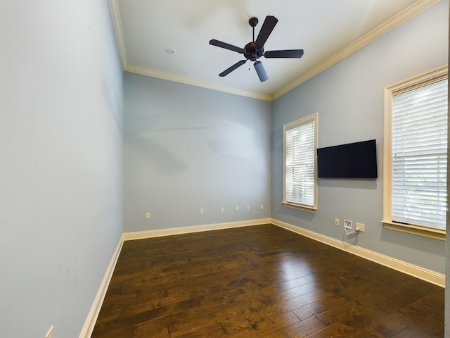 unfurnished room featuring ceiling fan, hardwood / wood-style flooring, and crown molding